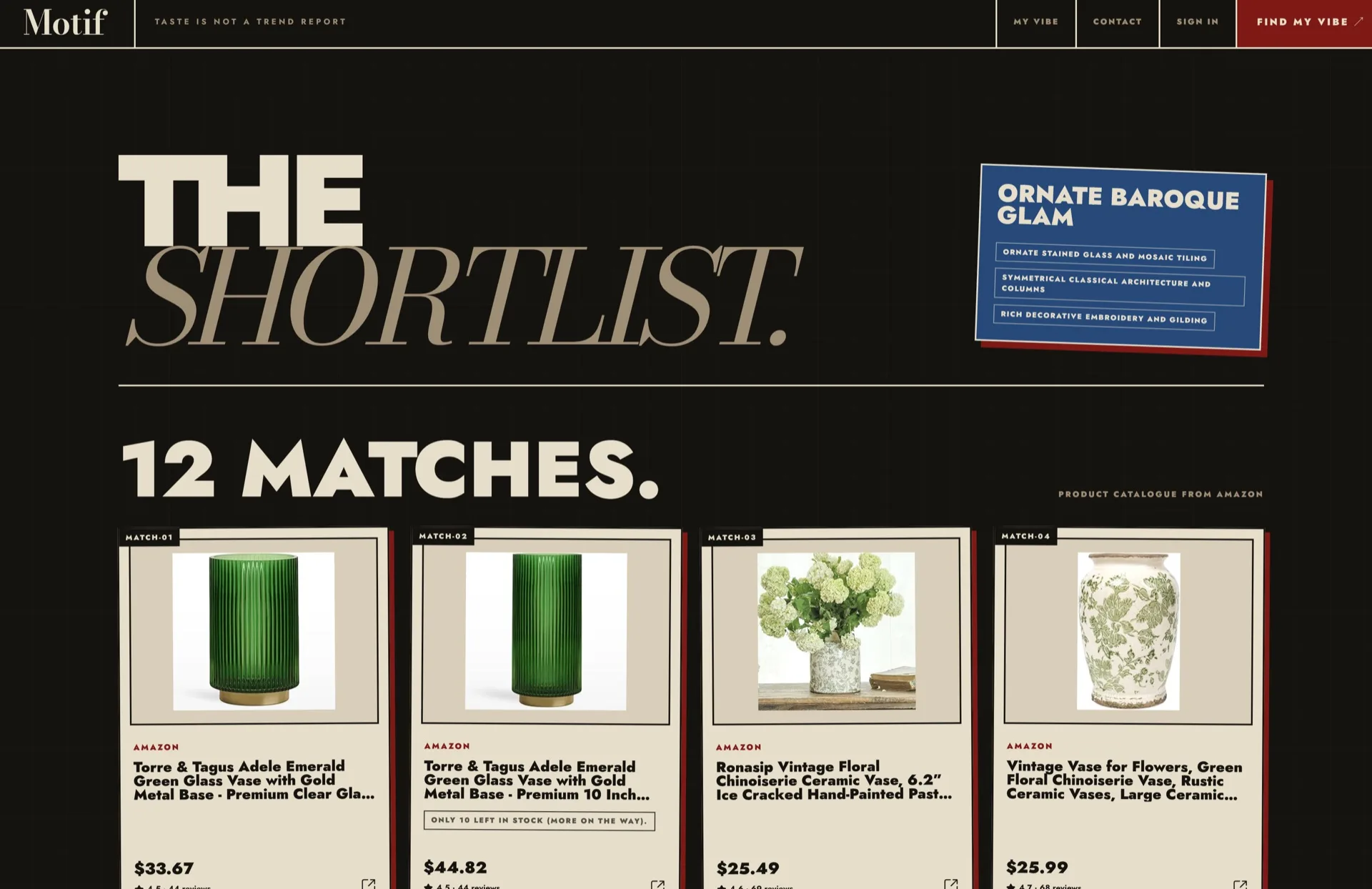 Motif editorial product UI with visual evidence gallery