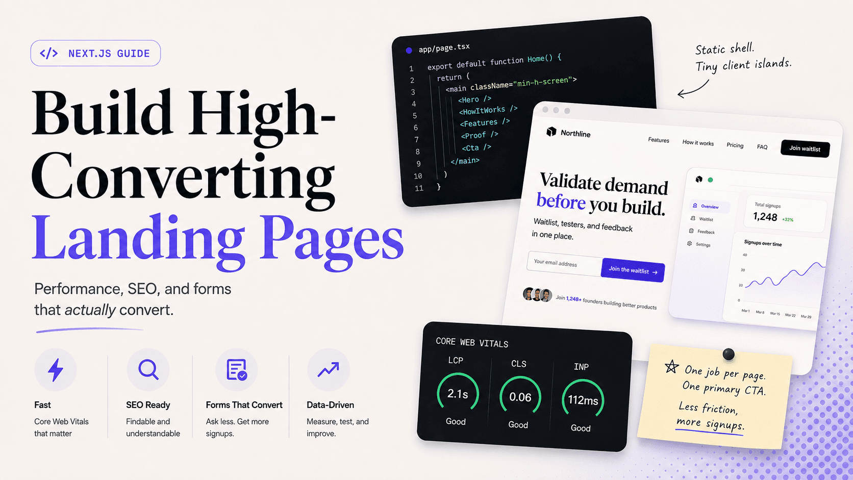High-converting Next.js landing page guide thumbnail featuring bold editorial typography, a SaaS waitlist interface, code snippet, Core Web Vitals metrics, and conversion-focused UI elements.